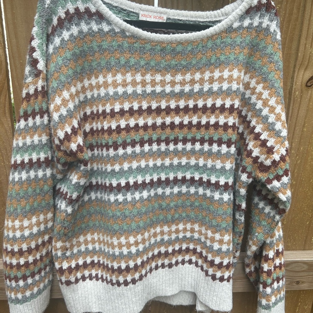 Knox Rose Chevron Pattern Sweater - Green, Brown, Cream XL
